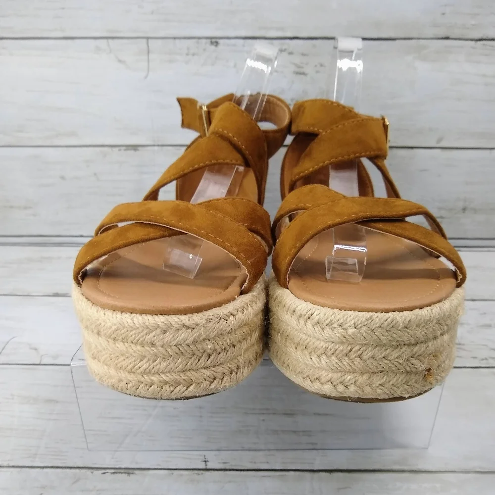 Bonnibel Wmns 10 Brown Suede Leather Platform Espadrille Ankle Strap Sandals